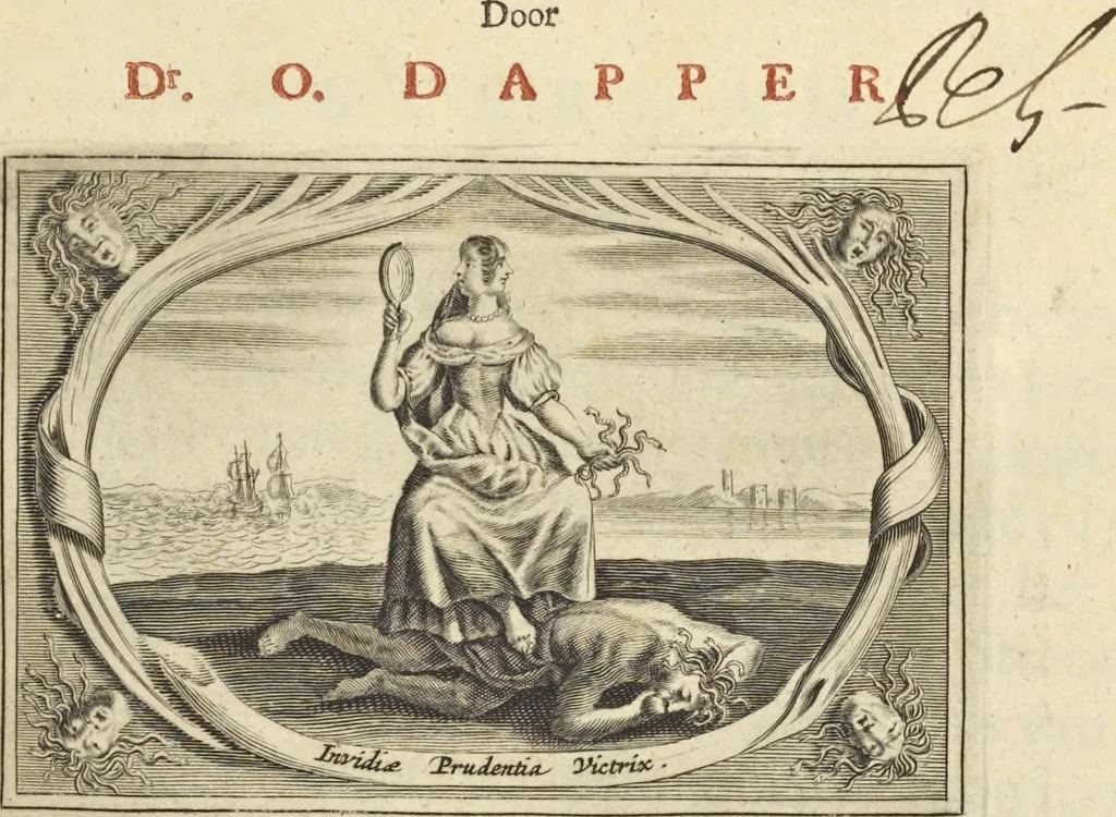 An illustration from Naukeurige beschrijvinge der Afrikaensche gewesten van Egypten, Barbaryen, Libyen, Biledulgerid, Negroslant, Guinea, Ethiopiën, Abyssinie ... : getrokken uit verscheyde hedendaegse lantbeschrijvers en geschriften van bereisde ondersoekers dier landen, 1668, leaf 8