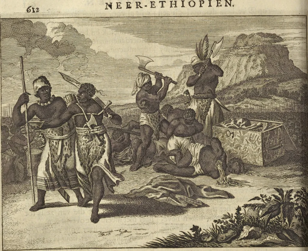 An illustration from Naukeurige beschrijvinge der Afrikaensche gewesten van Egypten, Barbaryen, Libyen, Biledulgerid, Negroslant, Guinea, Ethiopiën, Abyssinie ... : getrokken uit verscheyde hedendaegse lantbeschrijvers en geschriften van bereisde ondersoekers dier landen, 1668, leaf 817