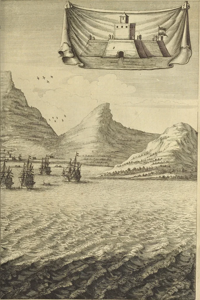 An illustration from Naukeurige beschrijvinge der Afrikaensche gewesten van Egypten, Barbaryen, Libyen, Biledulgerid, Negroslant, Guinea, Ethiopiën, Abyssinie ... : getrokken uit verscheyde hedendaegse lantbeschrijvers en geschriften van bereisde ondersoekers dier landen, 1668, leaf 844
