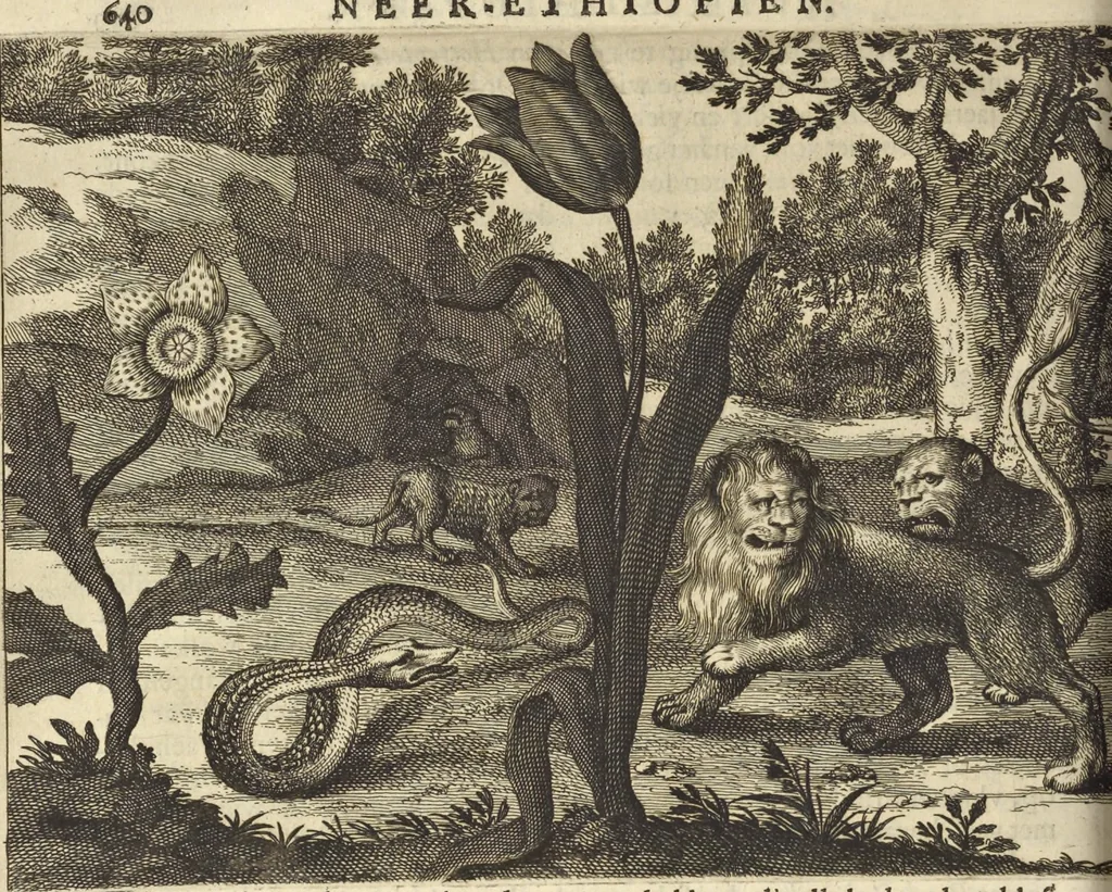 An illustration from Naukeurige beschrijvinge der Afrikaensche gewesten van Egypten, Barbaryen, Libyen, Biledulgerid, Negroslant, Guinea, Ethiopiën, Abyssinie ... : getrokken uit verscheyde hedendaegse lantbeschrijvers en geschriften van bereisde ondersoekers dier landen, 1668, leaf 849