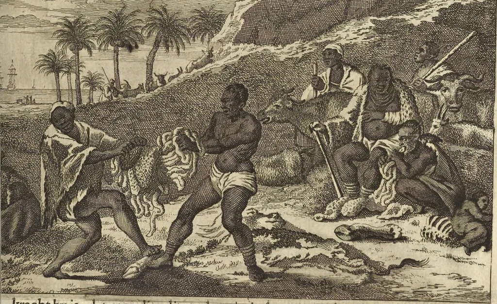 An illustration from Naukeurige beschrijvinge der Afrikaensche gewesten van Egypten, Barbaryen, Libyen, Biledulgerid, Negroslant, Guinea, Ethiopiën, Abyssinie ... : getrokken uit verscheyde hedendaegse lantbeschrijvers en geschriften van bereisde ondersoekers dier landen, 1668, leaf 860