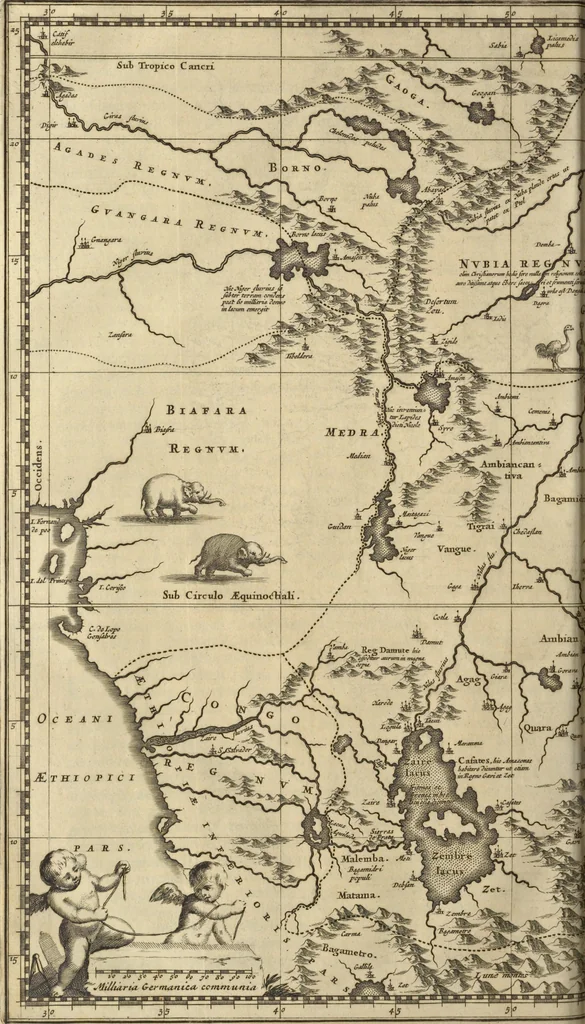 An illustration from Naukeurige beschrijvinge der Afrikaensche gewesten van Egypten, Barbaryen, Libyen, Biledulgerid, Negroslant, Guinea, Ethiopiën, Abyssinie ... : getrokken uit verscheyde hedendaegse lantbeschrijvers en geschriften van bereisde ondersoekers dier landen, 1668, leaf 881
