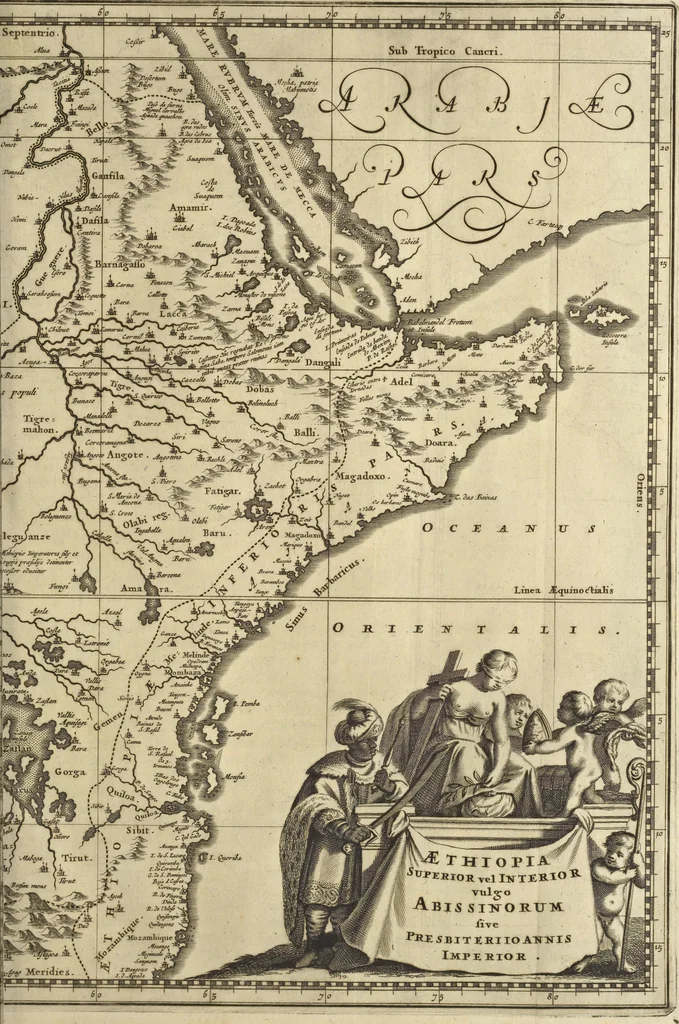 An illustration from Naukeurige beschrijvinge der Afrikaensche gewesten van Egypten, Barbaryen, Libyen, Biledulgerid, Negroslant, Guinea, Ethiopiën, Abyssinie ... : getrokken uit verscheyde hedendaegse lantbeschrijvers en geschriften van bereisde ondersoekers dier landen, 1668, leaf 882