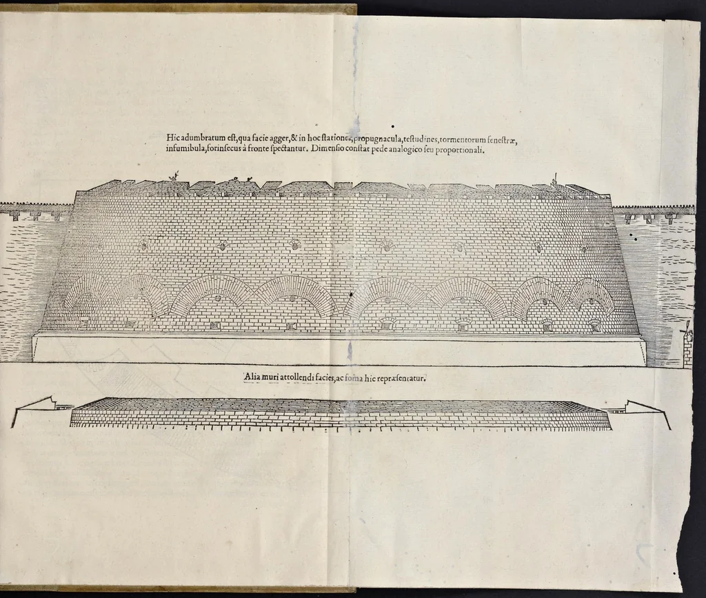 An illustration from Alberti Dvreri pictoris et architecti praestantissimi De vrbibvs, arcibvs, castellisque condendis, ac muniendis rationes aliquot : praesenti bellorum necessitati accommodatissimae : nunc recens è lingua Germanica in Latinam traductae, 1535, leaf 40
