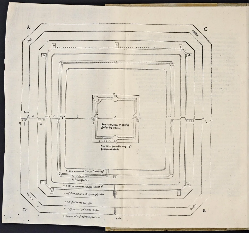 An illustration from Alberti Dvreri pictoris et architecti praestantissimi De vrbibvs, arcibvs, castellisque condendis, ac muniendis rationes aliquot : praesenti bellorum necessitati accommodatissimae : nunc recens è lingua Germanica in Latinam traductae, 1535, leaf 57