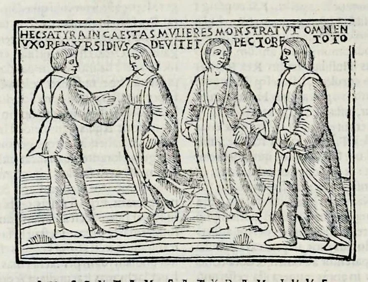 An illustration from Ivnii Ivvenalis Aqvinatis Satyrographi opvs : nunc demvm ab omnibvs mendis purgatum, & pluribus collatis exemplaribus suo candori restitutum, 1548, leaf 115