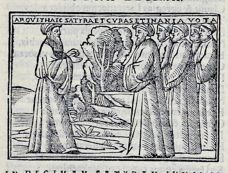An illustration from Ivnii Ivvenalis Aqvinatis Satyrographi opvs : nunc demvm ab omnibvs mendis purgatum, & pluribus collatis exemplaribus suo candori restitutum, 1548, leaf 214