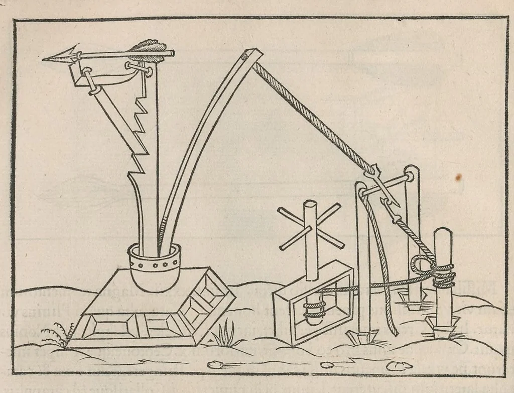 An illustration from En tibi lector Robertvm Valtvrivm, ad illvstrem heroa Sigismvndum Pandulphum Malatestam Ariminensium regem, De re militari libris XII : multò emaculatius, ac picturis, quae plurimae in eo sunt, elegantioribus expressum, quam cum Veronae inter initia artis chalcographicae anno M.cccclxxxiii. inuulgaretur, 1532, leaf 239