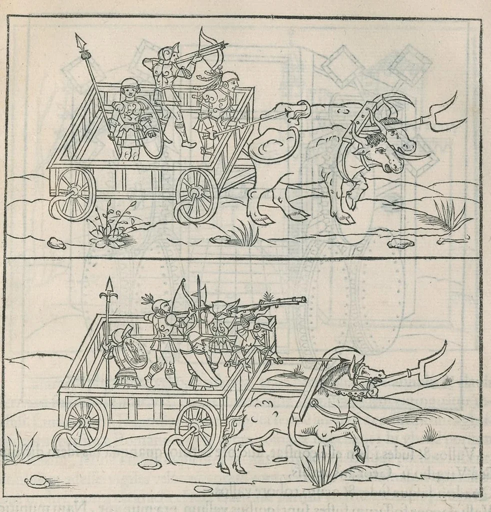 An illustration from En tibi lector Robertvm Valtvrivm, ad illvstrem heroa Sigismvndum Pandulphum Malatestam Ariminensium regem, De re militari libris XII : multò emaculatius, ac picturis, quae plurimae in eo sunt, elegantioribus expressum, quam cum Veronae inter initia artis chalcographicae anno M.cccclxxxiii. inuulgaretur, 1532, leaf 244