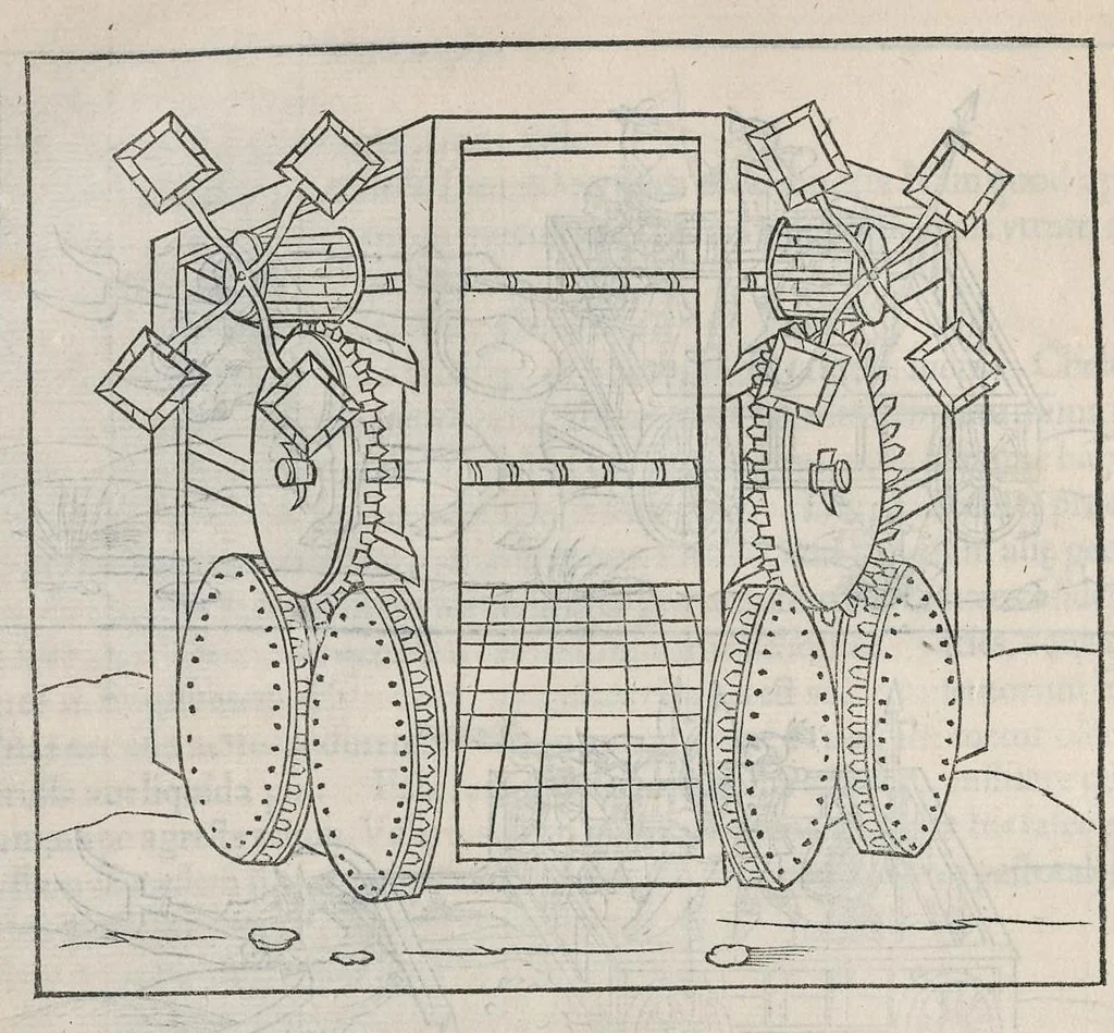 An illustration from En tibi lector Robertvm Valtvrivm, ad illvstrem heroa Sigismvndum Pandulphum Malatestam Ariminensium regem, De re militari libris XII : multò emaculatius, ac picturis, quae plurimae in eo sunt, elegantioribus expressum, quam cum Veronae inter initia artis chalcographicae anno M.cccclxxxiii. inuulgaretur, 1532, leaf 245
