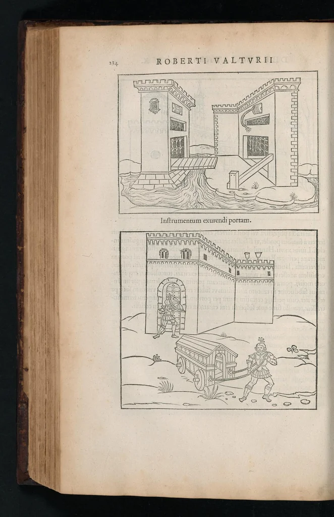 An illustration from En tibi lector Robertvm Valtvrivm, ad illvstrem heroa Sigismvndum Pandulphum Malatestam Ariminensium regem, De re militari libris XII : multò emaculatius, ac picturis, quae plurimae in eo sunt, elegantioribus expressum, quam cum Veronae inter initia artis chalcographicae anno M.cccclxxxiii. inuulgaretur, 1532, leaf 247
