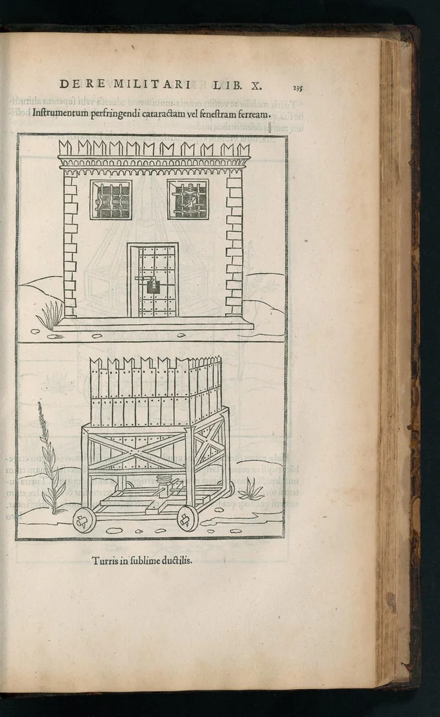 An illustration from En tibi lector Robertvm Valtvrivm, ad illvstrem heroa Sigismvndum Pandulphum Malatestam Ariminensium regem, De re militari libris XII : multò emaculatius, ac picturis, quae plurimae in eo sunt, elegantioribus expressum, quam cum Veronae inter initia artis chalcographicae anno M.cccclxxxiii. inuulgaretur, 1532, leaf 248