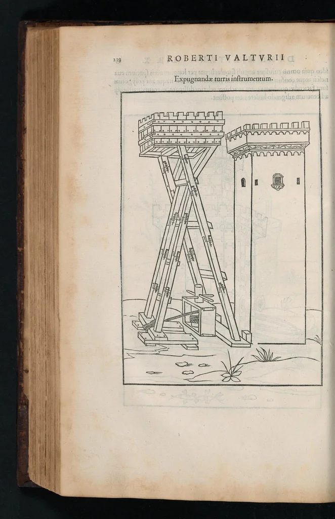 An illustration from En tibi lector Robertvm Valtvrivm, ad illvstrem heroa Sigismvndum Pandulphum Malatestam Ariminensium regem, De re militari libris XII : multò emaculatius, ac picturis, quae plurimae in eo sunt, elegantioribus expressum, quam cum Veronae inter initia artis chalcographicae anno M.cccclxxxiii. inuulgaretur, 1532, leaf 251