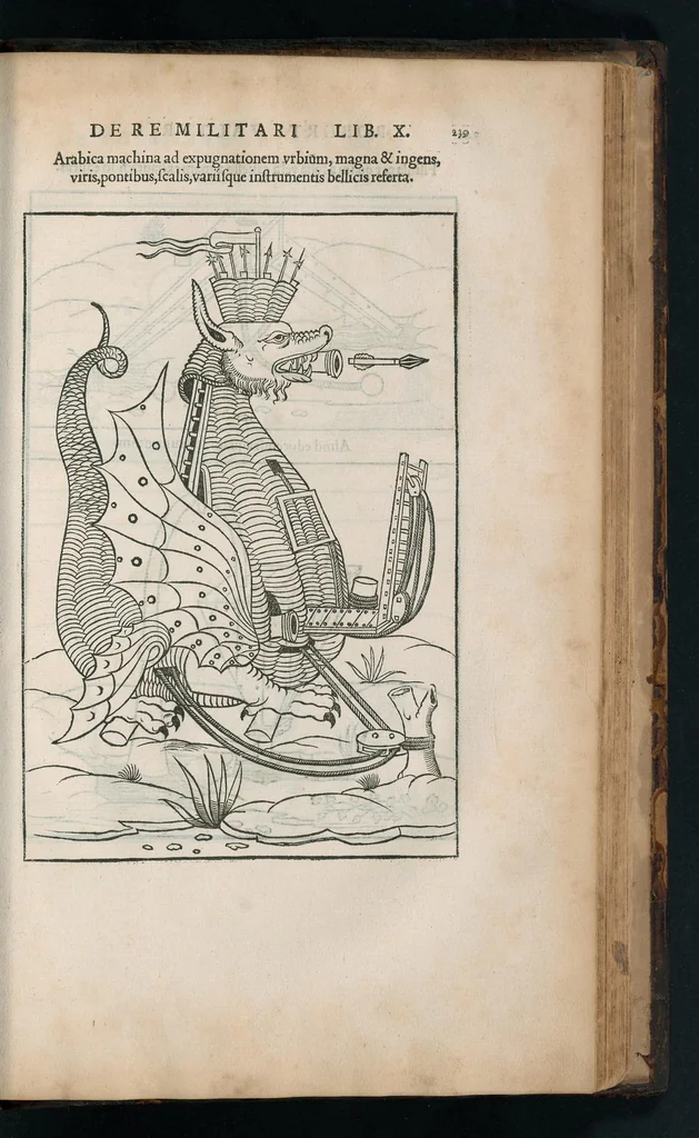 An illustration from En tibi lector Robertvm Valtvrivm, ad illvstrem heroa Sigismvndum Pandulphum Malatestam Ariminensium regem, De re militari libris XII : multò emaculatius, ac picturis, quae plurimae in eo sunt, elegantioribus expressum, quam cum Veronae inter initia artis chalcographicae anno M.cccclxxxiii. inuulgaretur, 1532, leaf 252