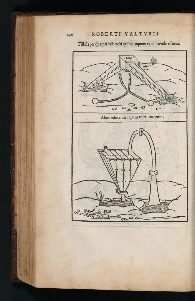 An illustration from En tibi lector Robertvm Valtvrivm, ad illvstrem heroa Sigismvndum Pandulphum Malatestam Ariminensium regem, De re militari libris XII : multò emaculatius, ac picturis, quae plurimae in eo sunt, elegantioribus expressum, quam cum Veronae inter initia artis chalcographicae anno M.cccclxxxiii. inuulgaretur, 1532, leaf 253