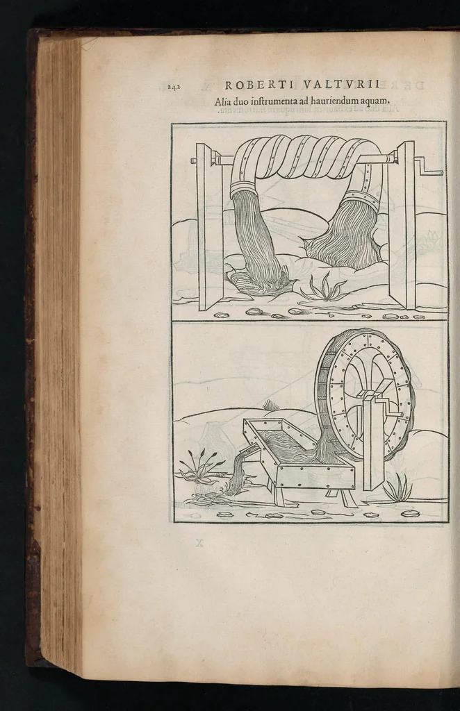 An illustration from En tibi lector Robertvm Valtvrivm, ad illvstrem heroa Sigismvndum Pandulphum Malatestam Ariminensium regem, De re militari libris XII : multò emaculatius, ac picturis, quae plurimae in eo sunt, elegantioribus expressum, quam cum Veronae inter initia artis chalcographicae anno M.cccclxxxiii. inuulgaretur, 1532, leaf 255
