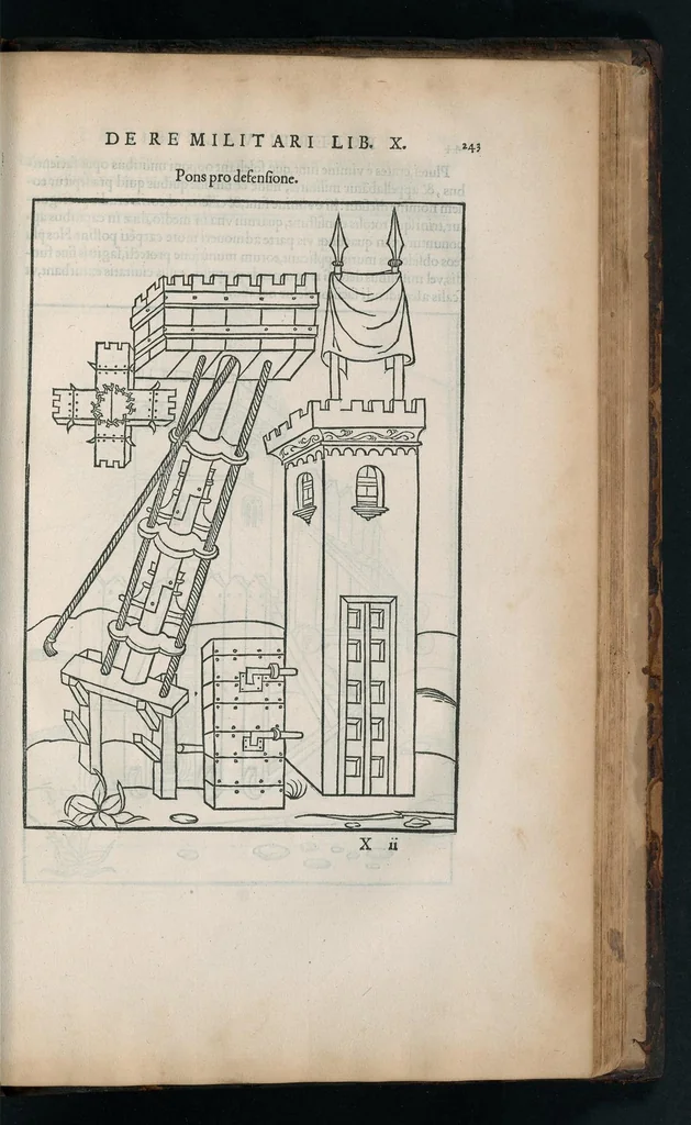 An illustration from En tibi lector Robertvm Valtvrivm, ad illvstrem heroa Sigismvndum Pandulphum Malatestam Ariminensium regem, De re militari libris XII : multò emaculatius, ac picturis, quae plurimae in eo sunt, elegantioribus expressum, quam cum Veronae inter initia artis chalcographicae anno M.cccclxxxiii. inuulgaretur, 1532, leaf 256