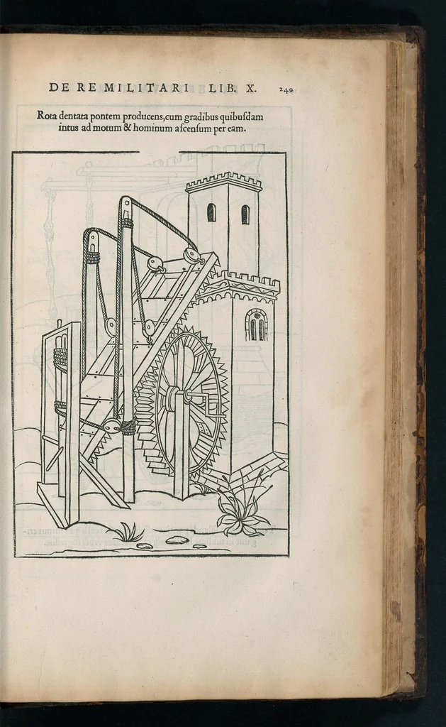 An illustration from En tibi lector Robertvm Valtvrivm, ad illvstrem heroa Sigismvndum Pandulphum Malatestam Ariminensium regem, De re militari libris XII : multò emaculatius, ac picturis, quae plurimae in eo sunt, elegantioribus expressum, quam cum Veronae inter initia artis chalcographicae anno M.cccclxxxiii. inuulgaretur, 1532, leaf 262