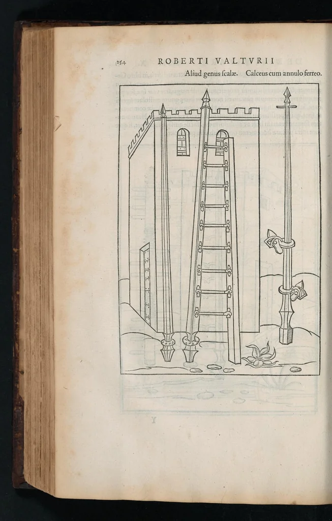 An illustration from En tibi lector Robertvm Valtvrivm, ad illvstrem heroa Sigismvndum Pandulphum Malatestam Ariminensium regem, De re militari libris XII : multò emaculatius, ac picturis, quae plurimae in eo sunt, elegantioribus expressum, quam cum Veronae inter initia artis chalcographicae anno M.cccclxxxiii. inuulgaretur, 1532, leaf 267