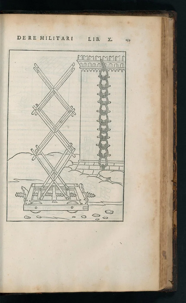An illustration from En tibi lector Robertvm Valtvrivm, ad illvstrem heroa Sigismvndum Pandulphum Malatestam Ariminensium regem, De re militari libris XII : multò emaculatius, ac picturis, quae plurimae in eo sunt, elegantioribus expressum, quam cum Veronae inter initia artis chalcographicae anno M.cccclxxxiii. inuulgaretur, 1532, leaf 272