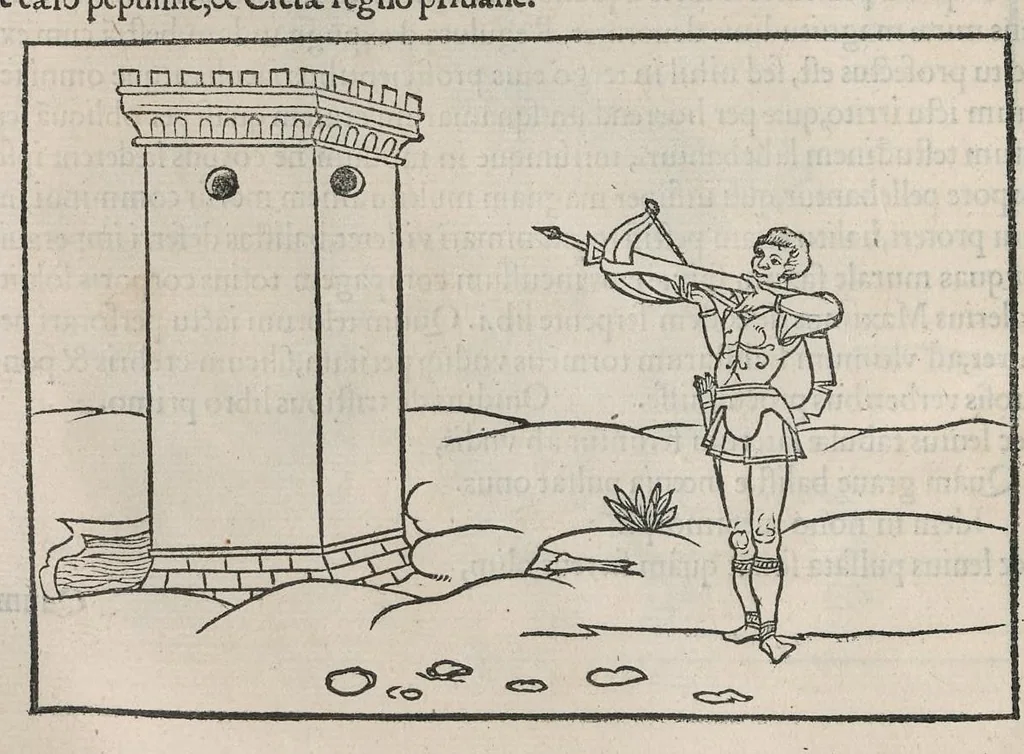 An illustration from En tibi lector Robertvm Valtvrivm, ad illvstrem heroa Sigismvndum Pandulphum Malatestam Ariminensium regem, De re militari libris XII : multò emaculatius, ac picturis, quae plurimae in eo sunt, elegantioribus expressum, quam cum Veronae inter initia artis chalcographicae anno M.cccclxxxiii. inuulgaretur, 1532, leaf 275