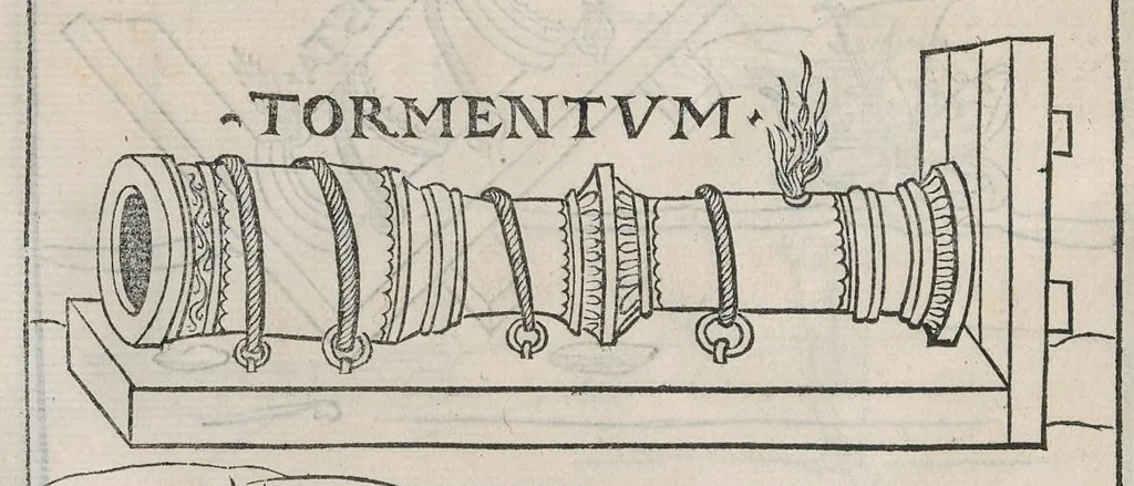 An illustration from En tibi lector Robertvm Valtvrivm, ad illvstrem heroa Sigismvndum Pandulphum Malatestam Ariminensium regem, De re militari libris XII : multò emaculatius, ac picturis, quae plurimae in eo sunt, elegantioribus expressum, quam cum Veronae inter initia artis chalcographicae anno M.cccclxxxiii. inuulgaretur, 1532, leaf 277