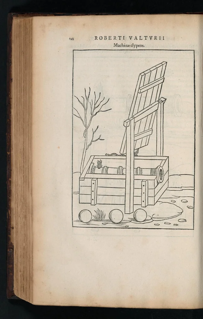 An illustration from En tibi lector Robertvm Valtvrivm, ad illvstrem heroa Sigismvndum Pandulphum Malatestam Ariminensium regem, De re militari libris XII : multò emaculatius, ac picturis, quae plurimae in eo sunt, elegantioribus expressum, quam cum Veronae inter initia artis chalcographicae anno M.cccclxxxiii. inuulgaretur, 1532, leaf 281