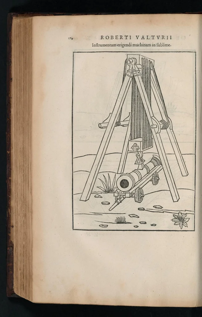 An illustration from En tibi lector Robertvm Valtvrivm, ad illvstrem heroa Sigismvndum Pandulphum Malatestam Ariminensium regem, De re militari libris XII : multò emaculatius, ac picturis, quae plurimae in eo sunt, elegantioribus expressum, quam cum Veronae inter initia artis chalcographicae anno M.cccclxxxiii. inuulgaretur, 1532, leaf 283