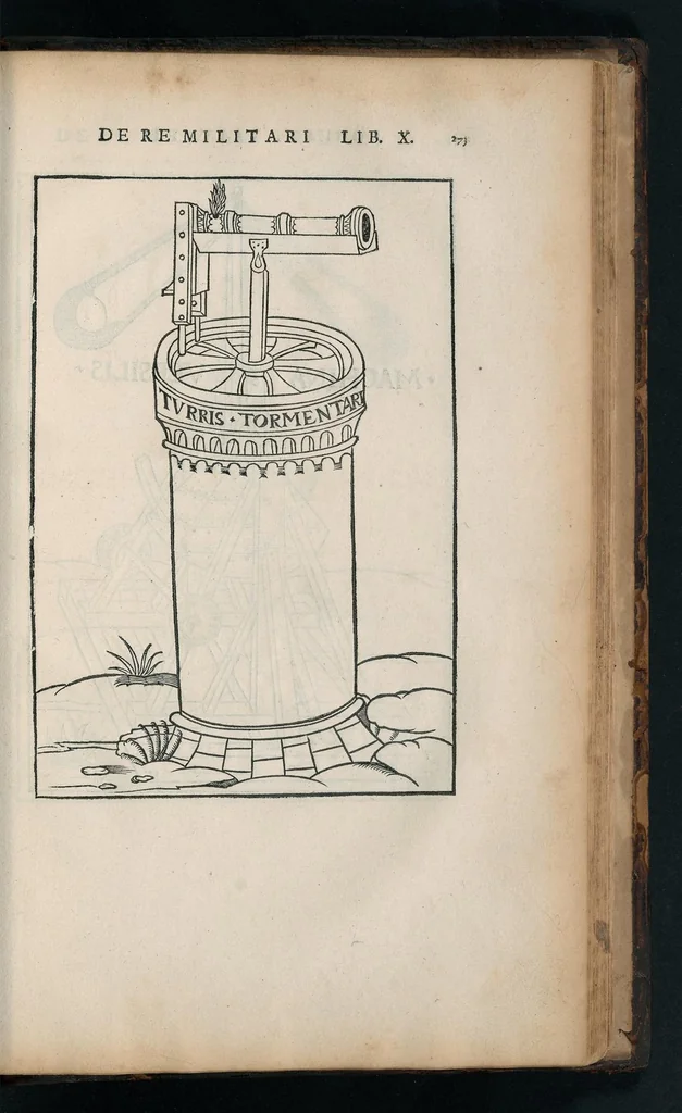 An illustration from En tibi lector Robertvm Valtvrivm, ad illvstrem heroa Sigismvndum Pandulphum Malatestam Ariminensium regem, De re militari libris XII : multò emaculatius, ac picturis, quae plurimae in eo sunt, elegantioribus expressum, quam cum Veronae inter initia artis chalcographicae anno M.cccclxxxiii. inuulgaretur, 1532, leaf 286