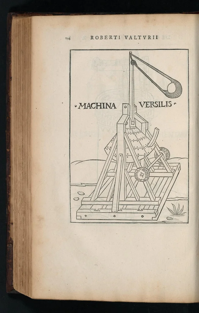 An illustration from En tibi lector Robertvm Valtvrivm, ad illvstrem heroa Sigismvndum Pandulphum Malatestam Ariminensium regem, De re militari libris XII : multò emaculatius, ac picturis, quae plurimae in eo sunt, elegantioribus expressum, quam cum Veronae inter initia artis chalcographicae anno M.cccclxxxiii. inuulgaretur, 1532, leaf 287