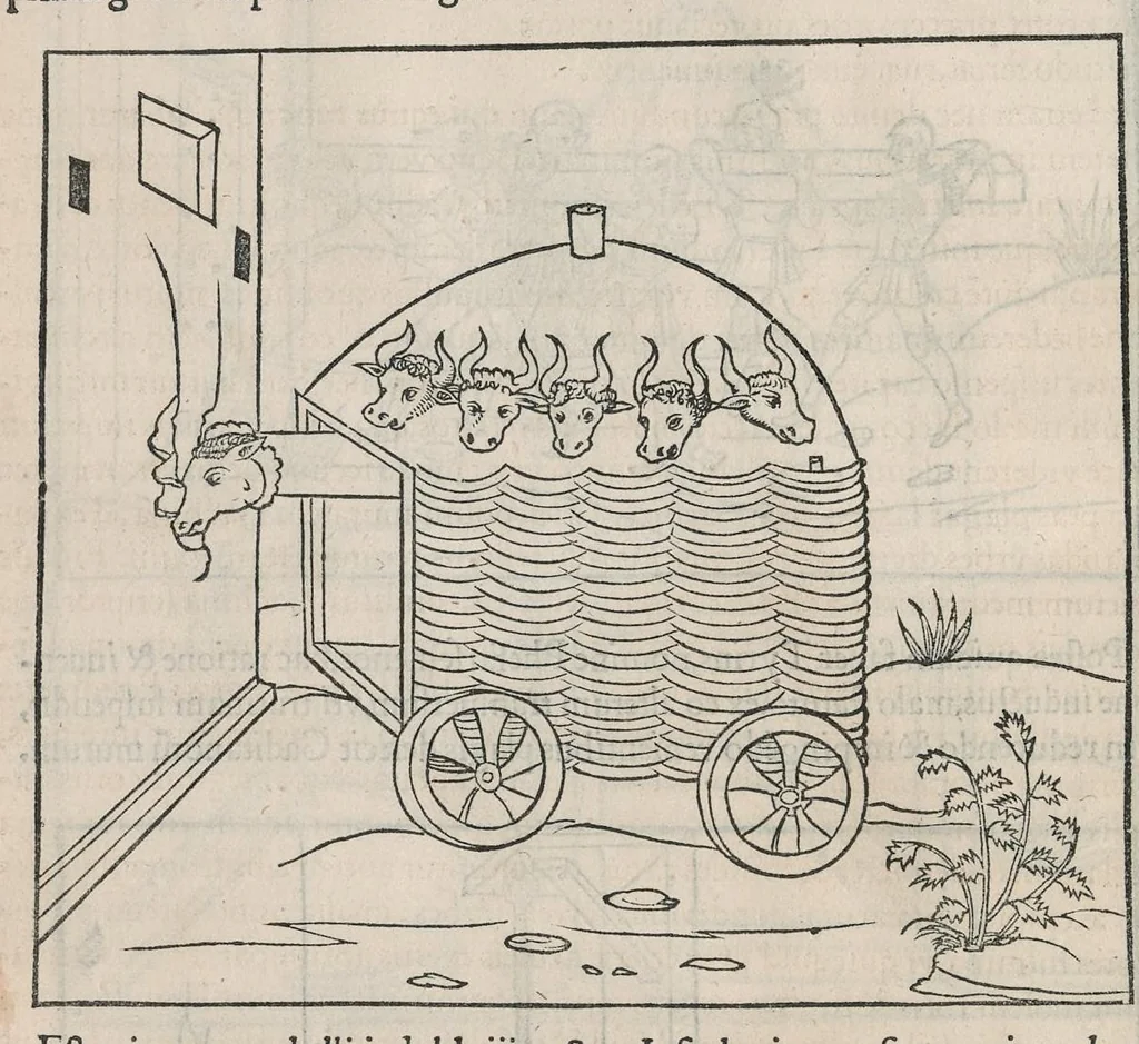 An illustration from En tibi lector Robertvm Valtvrivm, ad illvstrem heroa Sigismvndum Pandulphum Malatestam Ariminensium regem, De re militari libris XII : multò emaculatius, ac picturis, quae plurimae in eo sunt, elegantioribus expressum, quam cum Veronae inter initia artis chalcographicae anno M.cccclxxxiii. inuulgaretur, 1532, leaf 295