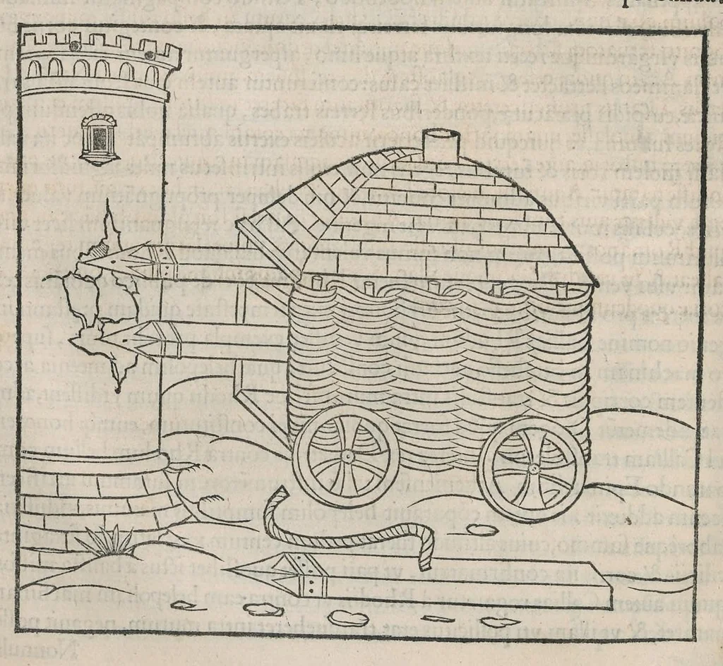 An illustration from En tibi lector Robertvm Valtvrivm, ad illvstrem heroa Sigismvndum Pandulphum Malatestam Ariminensium regem, De re militari libris XII : multò emaculatius, ac picturis, quae plurimae in eo sunt, elegantioribus expressum, quam cum Veronae inter initia artis chalcographicae anno M.cccclxxxiii. inuulgaretur, 1532, leaf 297