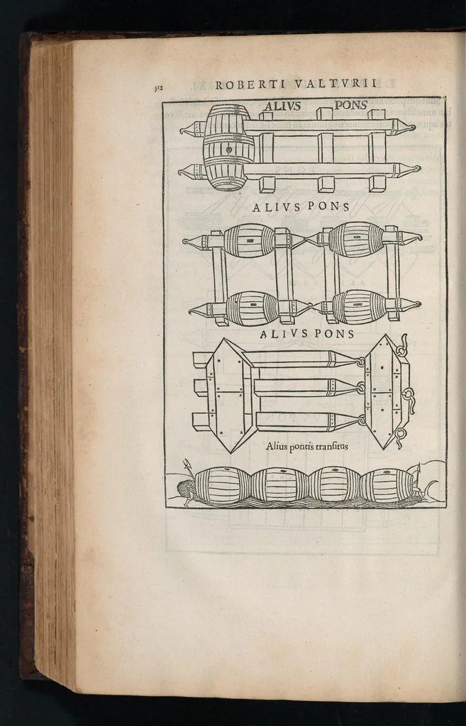 An illustration from En tibi lector Robertvm Valtvrivm, ad illvstrem heroa Sigismvndum Pandulphum Malatestam Ariminensium regem, De re militari libris XII : multò emaculatius, ac picturis, quae plurimae in eo sunt, elegantioribus expressum, quam cum Veronae inter initia artis chalcographicae anno M.cccclxxxiii. inuulgaretur, 1532, leaf 325