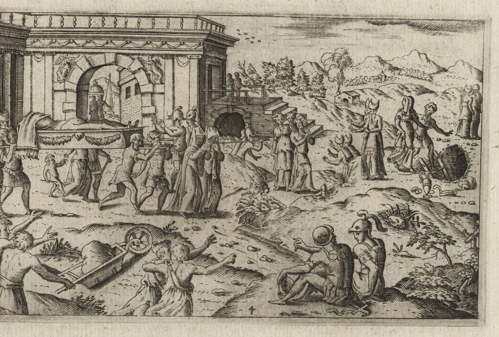 An illustration from Fvnerali antichi di diuersi popoli, et nationi : forma, ordine, et pompa di sepolture, di essequie, di consecrationi antiche et d'altro, 1574, leaf 40