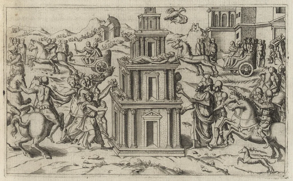 An illustration from Fvnerali antichi di diuersi popoli, et nationi : forma, ordine, et pompa di sepolture, di essequie, di consecrationi antiche et d'altro, 1574, leaf 48