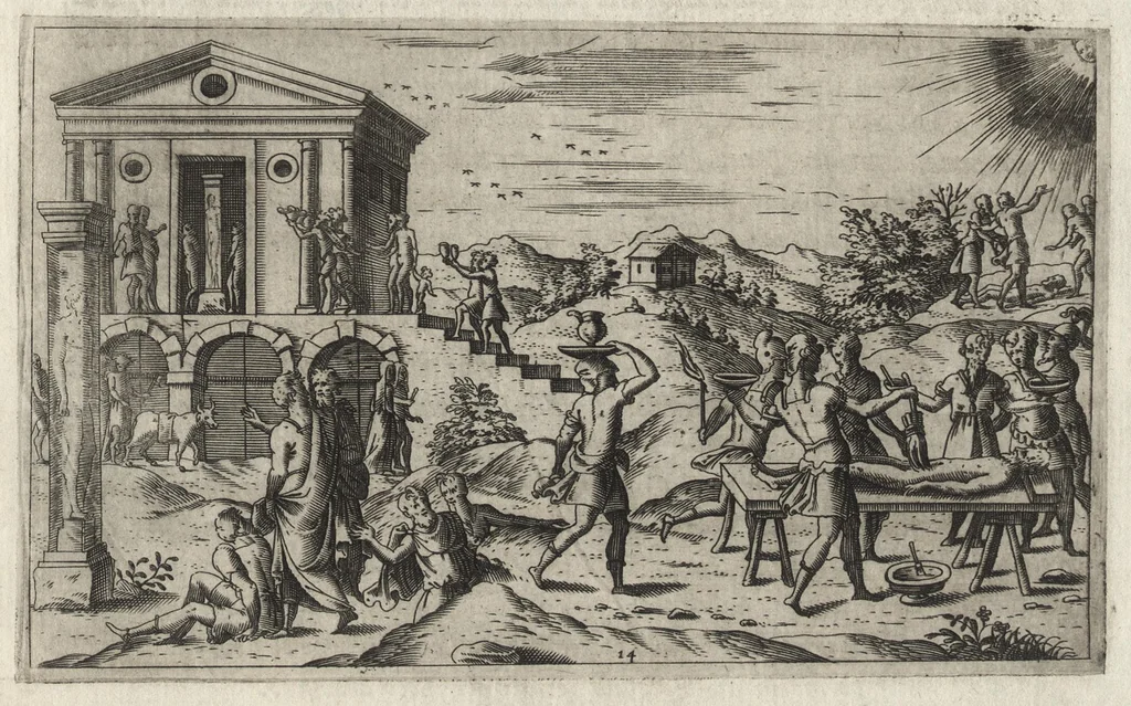 An illustration from Fvnerali antichi di diuersi popoli, et nationi : forma, ordine, et pompa di sepolture, di essequie, di consecrationi antiche et d'altro, 1574, leaf 90