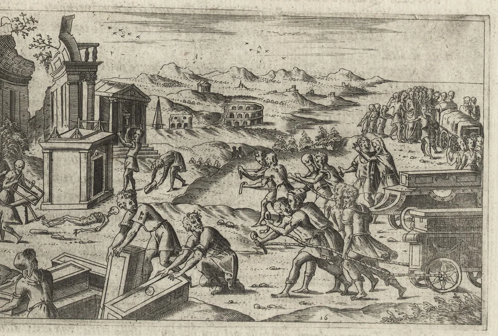 An illustration from Fvnerali antichi di diuersi popoli, et nationi : forma, ordine, et pompa di sepolture, di essequie, di consecrationi antiche et d'altro, 1574, leaf 94