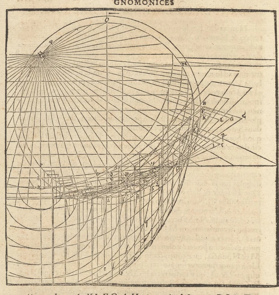 An illustration from Gnomonice Andreae Schoneri Noribergensis, hoc est, De descriptionibvs horologiorvm sciotericorvm omnis generis, proiectionibus circulorum sphaericorum ad superficies, cum planas, tum conuexas concauasq[ue], sphaericas, cylindricas, ac conicas, item delineationibus quadrantum, annulorum, &c. libri tres, 1562, leaf 181