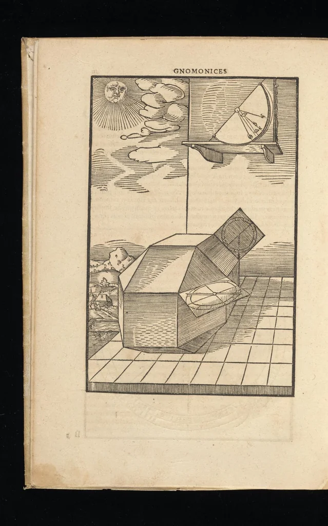 An illustration from Gnomonice Andreae Schoneri Noribergensis, hoc est, De descriptionibvs horologiorvm sciotericorvm omnis generis, proiectionibus circulorum sphaericorum ad superficies, cum planas, tum conuexas concauasq[ue], sphaericas, cylindricas, ac conicas, item delineationibus quadrantum, annulorum, &c. libri tres, 1562, leaf 21