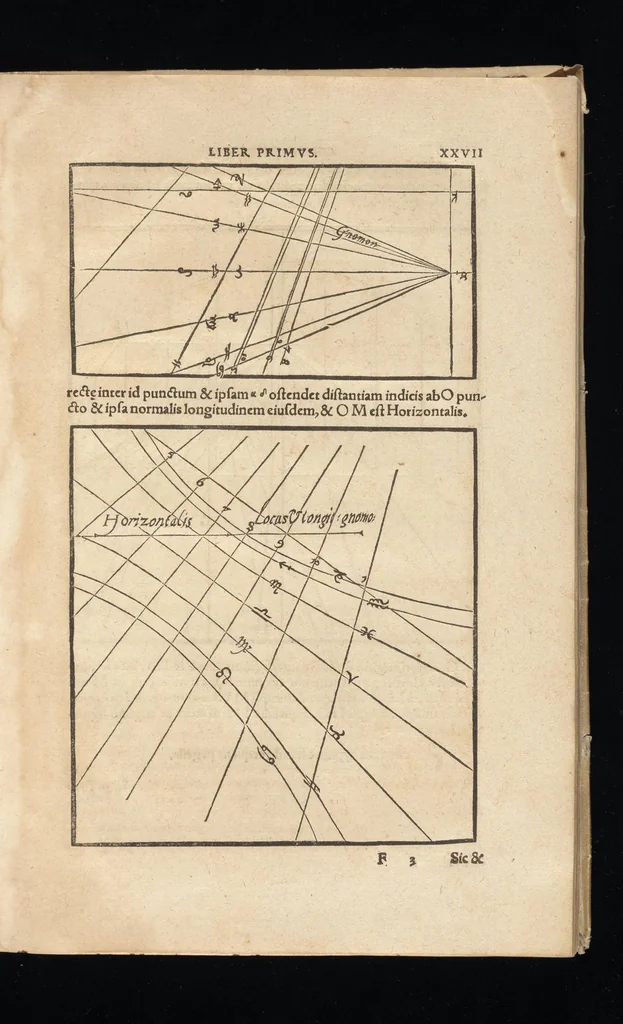 An illustration from Gnomonice Andreae Schoneri Noribergensis, hoc est, De descriptionibvs horologiorvm sciotericorvm omnis generis, proiectionibus circulorum sphaericorum ad superficies, cum planas, tum conuexas concauasq[ue], sphaericas, cylindricas, ac conicas, item delineationibus quadrantum, annulorum, &c. libri tres, 1562, leaf 68