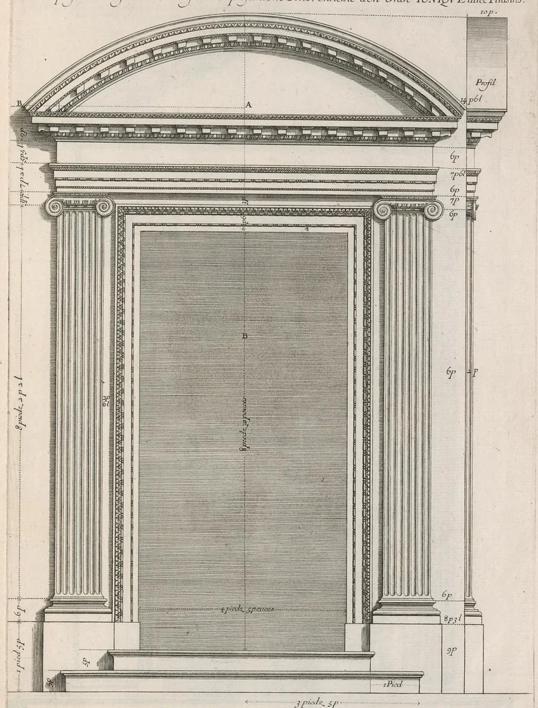 An illustration from Representations geometrales de plusieurs parties de bastiments faites par les reigles de l'architectvre antiqve, et de qui les mesures sont reduittes en piedz, poulces & lignes, afin de saccommoder a la maniere de mesurer la plus en vzage parmy le commun des ouuvriers, 1669, leaf 14