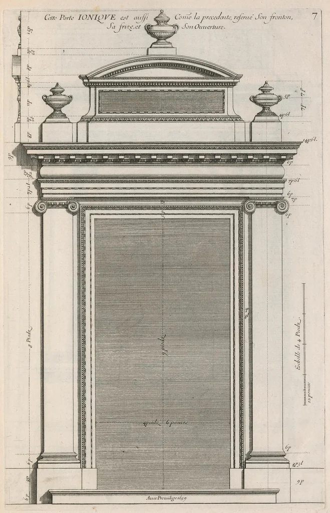 An illustration from Representations geometrales de plusieurs parties de bastiments faites par les reigles de l'architectvre antiqve, et de qui les mesures sont reduittes en piedz, poulces & lignes, afin de saccommoder a la maniere de mesurer la plus en vzage parmy le commun des ouuvriers, 1669, leaf 20