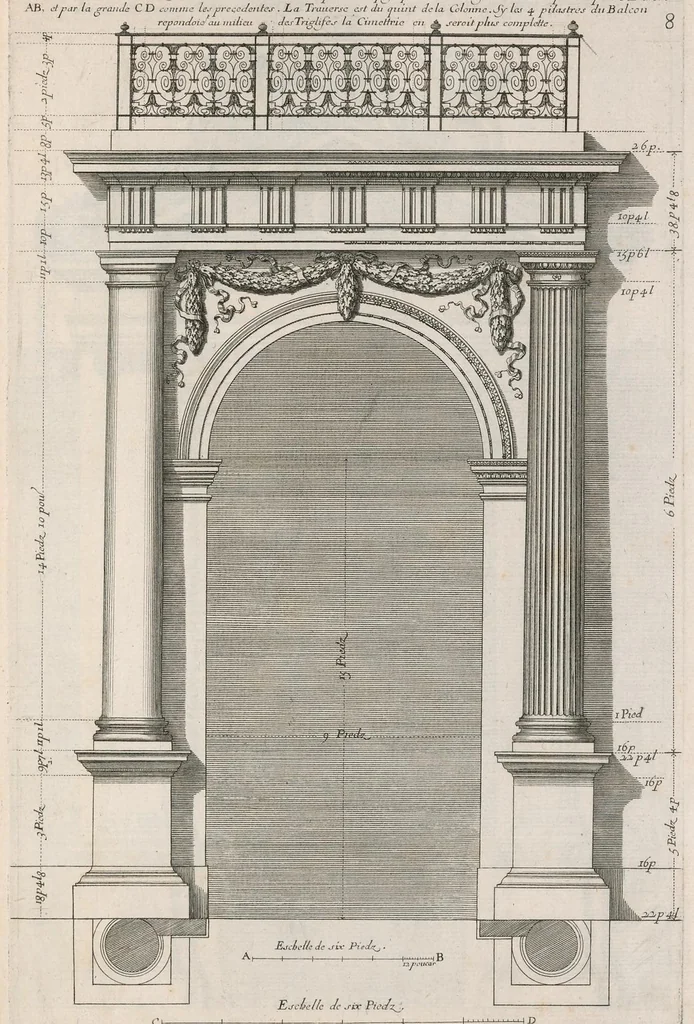 An illustration from Representations geometrales de plusieurs parties de bastiments faites par les reigles de l'architectvre antiqve, et de qui les mesures sont reduittes en piedz, poulces & lignes, afin de saccommoder a la maniere de mesurer la plus en vzage parmy le commun des ouuvriers, 1669, leaf 22