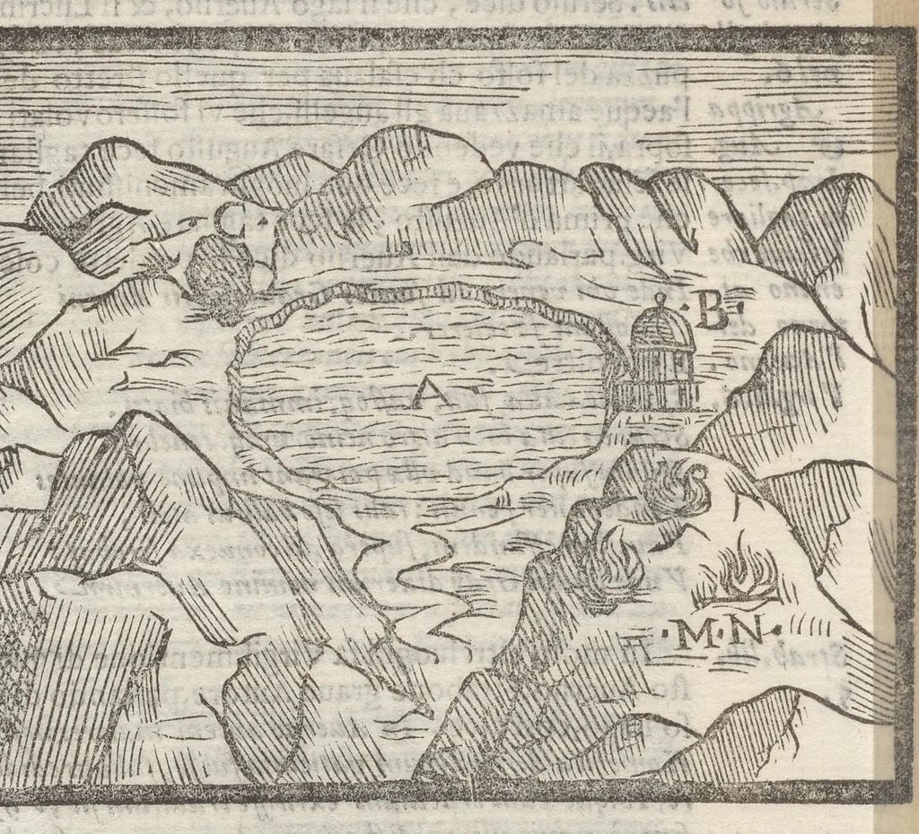 An illustration from Sito et antichita della citta di Pozzuolo : e del suo amenissimo distretto, con la descrittione di tutti i luoghi notabili e degni di memoria, e di Cuma, e di Baia, e di Miseno, e degli altri luoghi conuicini : con le figure de gli edificij, e con gli epitafi che vi sono, 1606, leaf 108