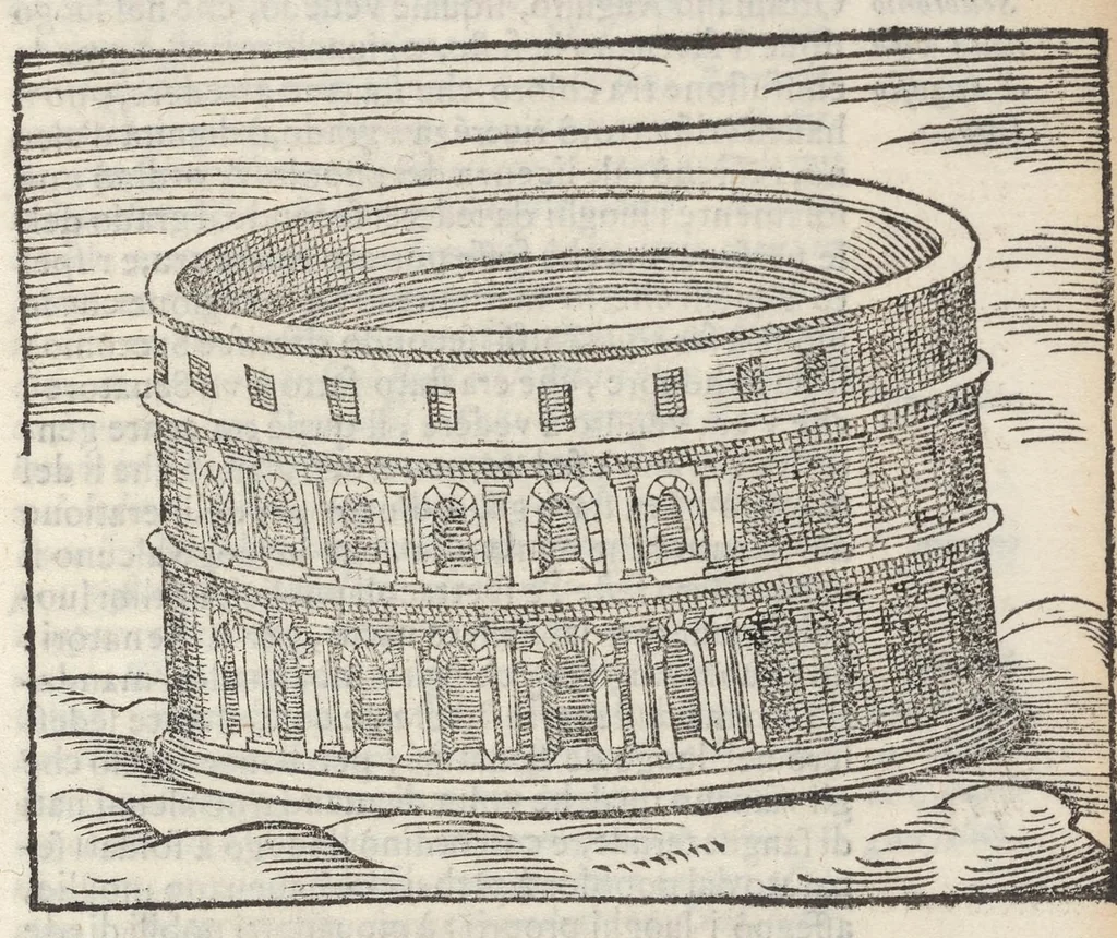 An illustration from Sito et antichita della citta di Pozzuolo : e del suo amenissimo distretto, con la descrittione di tutti i luoghi notabili e degni di memoria, e di Cuma, e di Baia, e di Miseno, e degli altri luoghi conuicini : con le figure de gli edificij, e con gli epitafi che vi sono, 1606, leaf 54