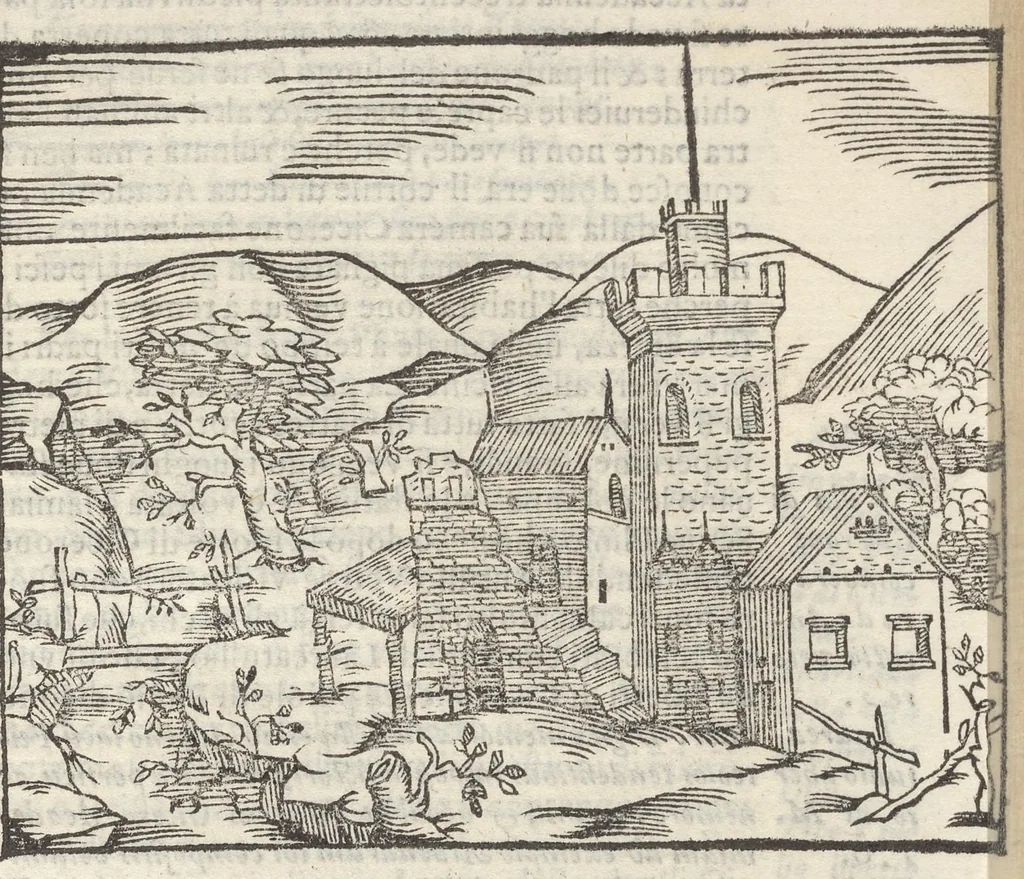 An illustration from Sito et antichita della citta di Pozzuolo : e del suo amenissimo distretto, con la descrittione di tutti i luoghi notabili e degni di memoria, e di Cuma, e di Baia, e di Miseno, e degli altri luoghi conuicini : con le figure de gli edificij, e con gli epitafi che vi sono, 1606, leaf 86