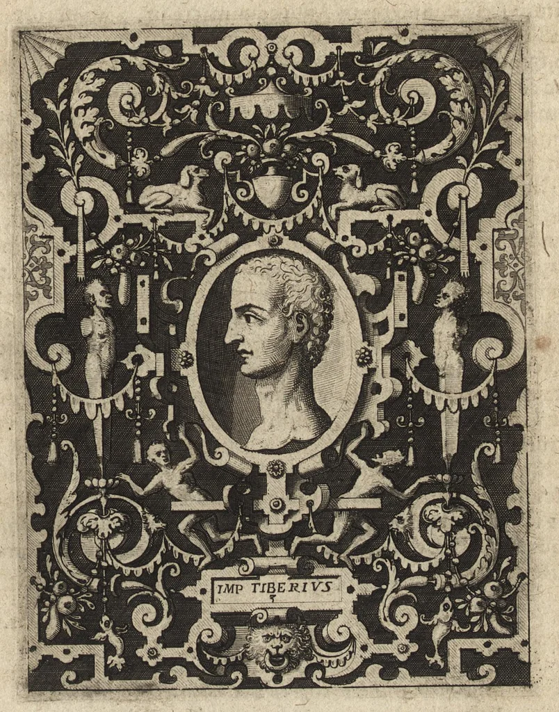 An illustration from XII Caesarum romanorum imagines : e numismatibus expressae et historica narratione illustratae : ex museio Franc. SweertI F. Antuerp, 1603, leaf 14