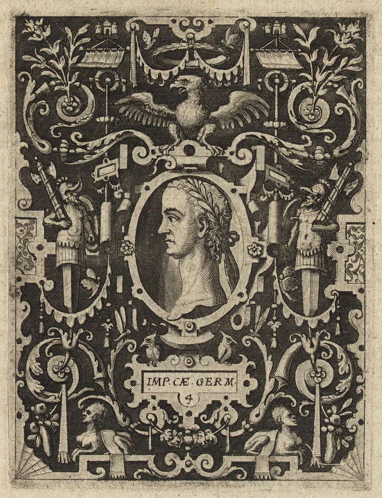 An illustration from XII Caesarum romanorum imagines : e numismatibus expressae et historica narratione illustratae : ex museio Franc. SweertI F. Antuerp, 1603, leaf 16