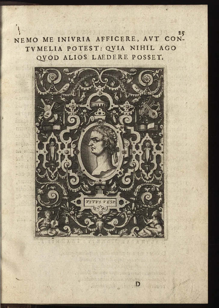An illustration from XII Caesarum romanorum imagines : e numismatibus expressae et historica narratione illustratae : ex museio Franc. SweertI F. Antuerp, 1603, leaf 30