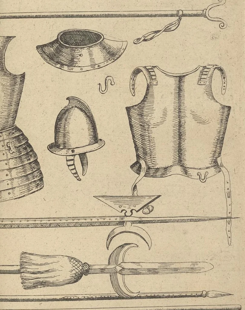 An illustration from L'art militaire pour l'infanterie : au quel est monstré I. Le maniement du mousquet & de la pique, un chascun en particulier, II. L'exercice d'une compagnie d'infanterie, selon la pratique du ... chef de guerre Maurice prince d'Orange ... declaré augmenté et corrigé, III. Belles & novelles ordonnances de batailles ... IV. La discipline militaire de l'infanterie, qui jusqu'a present a esté vsitée es regimens ongrois ..., 1615, leaf 168